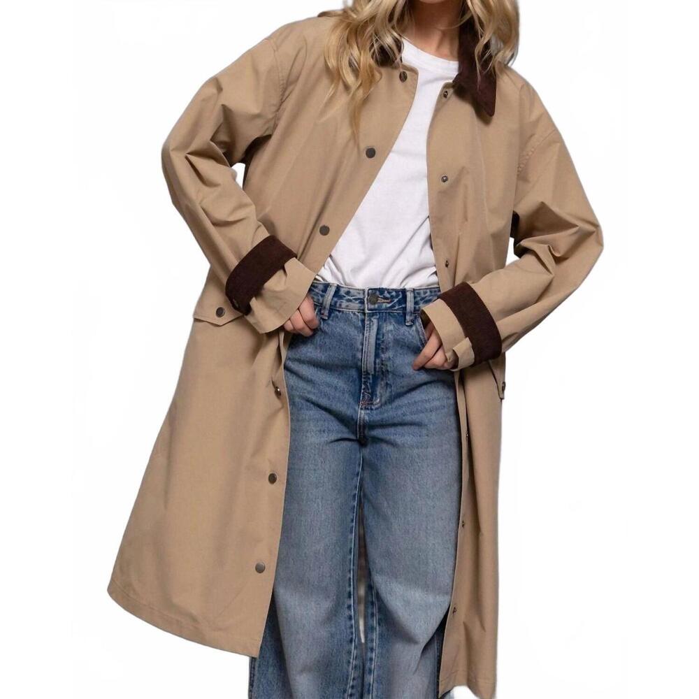 NEW ACTIVE BASIC long sleeve contrast collar button down trench coat in khaki